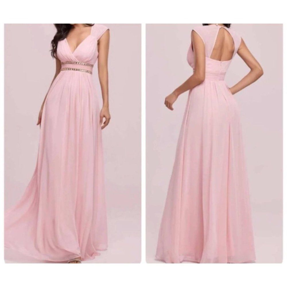 Ever Pretty Evening Gown Beaded Open Back High Waist Size 12 Pink Cut Out